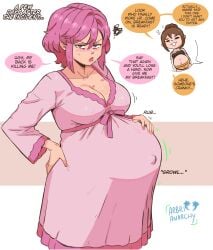 arbrianarchy ayase_momo dandadan english_dialogue english_text hand_on_waist pink_eyes pink_hair pregnant pregnant_belly pregnant_female rubbing_belly shiratori_aira_(dandadan) tagme