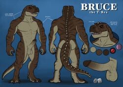 abs anthro balls black_sclera blue_background brown_body brown_tail bruce_(fenrir_garou) dinosaur english_text erection fangs front_view genitals glans glistening glistening_eyes hi_res hufnaar humanoid_genitalia humanoid_penis male male_anthro markings model_sheet muscular muscular_anthro muscular_male nude open_mouth pecs penis prehistoric_species red_eyes reptile scalie simple_background solo standing striped_arms striped_legs striped_markings striped_neck striped_tail stripes tail tail_markings teeth text