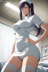 1girl ai_generated bed blush breasts closed_mouth curtains digitalwaifugallery dress from_below hand_on_own_hip hat hi_res high_quality high_resolution hospital hospital_bed indoors intravenous_drip large_breasts long_hair looking_at_viewer nurse nurse_cap panties pantyshot patreon ponytail purple_eyes purple_hair seductive sexy short_dress short_sleeves solo sung_jin-ah thighhighs thighs uncensored underwear watermark white_dress white_panties white_thighhighs