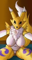 absurd_res anthro areola arm_tuft bandai_namco big_breasts black_nose black_sclera blue_eyes blue_markings breasts countershade_torso countershading digimon digimon_(species) dipstick_ears dipstick_tail ear_markings eye_markings eyebrows female fur genitals gloves_(marking) hi_res humanoid_genitalia humanoid_vulva leg_markings looking_at_viewer mammal markings multicolored_body multicolored_ears multicolored_fur neck_tuft nipples renamon shoulder_tuft socks_(marking) solo tail tail_markings thehangedmask thigh_markings tomoe_(symbol) tuft two_tone_body two_tone_fur vulva white_body white_fur white_markings yellow_body yellow_fur