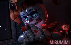 3d_(artwork) blue_eyes circus_baby_(fnaf) clothed clothed_female clothing digital_media_(artwork) doll duo female five_nights_at_freddy's genitals hair hi_res holding_penis humanoid looking_at_viewer machine male mirumimi not_furry orange_hair penis pubes robot robot_humanoid scottgames sister_location stroking_penis watermark