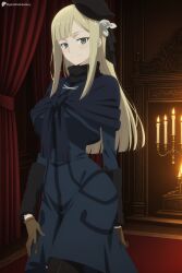 1girl ai_generated black_headwear black_pantyhose blonde_hair blue_dress blue_scarf blush breasts brown_gloves candle closed_mouth curtains digitalwaifugallery dress fate_(series) flower fringe_trim gloves green_eyes hair_flower hair_ornament hat hi_res high_quality high_resolution indoors long_hair long_sleeves looking_at_viewer pantyhose patreon reines_el-melloi_archisorte scarf seductive sexy smile solo uncensored watermark