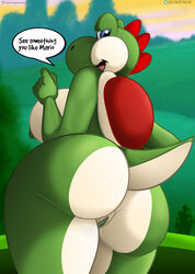 1girls 2021 anthro anthrofied ass big_breasts big_butt blue_eyes breasts edit el-loko english_text female game_(disambiguation) genitals green_body green_yoshi hi_res looking_back mario_(series) multicolored_body name_drop nintendo nipples open_mouth pussy scalie solo speech_bubble text tongue video_games white_body yoshi