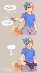 9:16 anthro blue_hair blush bra_strap_showing_(meme) bulge canid canine canis clothed clothing detailed_bulge dialogue digital_media_(artwork) domestic_dog english_text erection erection_under_clothing eyewear fdisk fluffydisk42 fur glasses hair hi_res male male_anthro mammal meme open_bottomwear open_clothing shiba_inu shirt solo speech_bubble spitz t-shirt tail tan_body tan_fur tenting text tongue tongue_out topwear underwear wearing_glasses