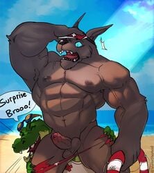 anthro balls beach big_penis blue_eyes brown_body canid canine canis crocodile crocodilian crocodylid crouching domestic_dog duo erection genitals green_body hi_res league_of_legends life_preserver lifeguard lizard male male/male mammal muscular nasus pecs penis pool_party_renekton pool_party_series public renekton reptile riot_games scalie seaside sibling surprise teeth video_games wulfer-shepherd