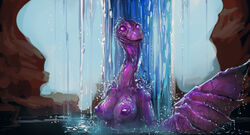 anthro areola bathing big_breasts breasts detailed_background dripping female gecko hi_res lizard long_neck looking_at_viewer meandraco nipples non-mammal_breasts not_furry nude outside purple_body purple_breasts purple_eyes reptile scalie skinny_dipping smile solo thick_tail water waterfall wet wings