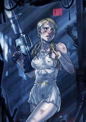 assault_rifle athletic athletic_female blonde_hair capcom clothed distress dress firearm ganassa hi_res katherine_warren pigtails police_station resident_evil resident_evil_2 resident_evil_2_remake scratches sweat sweatdrop sweating sweaty weapon wet wet_clothes wet_clothing white_dress wide_hips wound zombie