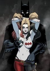 1boy 1girls armpits arms_up athletic athletic_female batman batman_(series) belt big_breasts blonde_hair blue_eyes breast_grab breasts busty clothed_male colored_hair danusko dc dc_comics face_tattoo female female_focus gloves glowing_eyes groping groping_from_behind half-closed_eyes hand_in_pants hand_under_clothes happy harley_quinn heart_tattoo hourglass_figure injustice_2 light-skinned_female light_skin makeup male medium_breasts multicolored_hair pale-skinned_female pale_skin pants partially_clothed partially_clothed_female pasties pigtails runny_makeup slq smile smirk smoke standing straight superhero tattoo topless white_eyes white_skin wide_hips