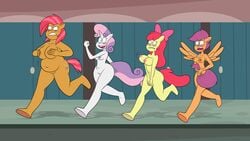 2021 4_fingers 4girls aged_up anthro anthrofied apple_bloom_(mlp) babs_seed_(mlp) bbw big_ass big_breasts black_eyes chubby_female commission crime_fighting_crusaders cute cutie_mark_crusaders cutie_mark_crusaders_(mlp) embarrassed embarrassed_nude_female enf equine equine_humanoid featureless_feet female glasses hair_on_head kaixxxcorner my_little_pony naked nude nude_female orange_skin running scobionicle99 scootaloo_(mlp) slightly_chubby streaking sweetie_belle_(mlp) tagme white_skin yellow_skin