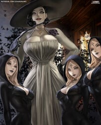 4girls alcina_dimitrescu bela_(resident_evil) big_breasts black_hair black_lipstick blonde_hair breasts busty capcom cassandra_(resident_evil) choker cleavage clothed clothing corsage daniela_(resident_evil) dark_fantasy daughter dress earrings female female_only forehead_mark fully_clothed giantess gloves glowing_eyes goth goth_girl gothic hat highres hood hourglass_figure izhardraws jewelry large_breasts large_hat larger_female long_nails looking_at_viewer mature mature_female milf mother mother_and_daughter multiple_girls mutant necklace pale-skinned_female pale_skin pose realistic red_lipstick resident_evil resident_evil_8:_village sharp_nails shorter_female size_difference smaller_female smile smiling_at_viewer tall_female taller_girl vampire wide_hips yellow_eyes