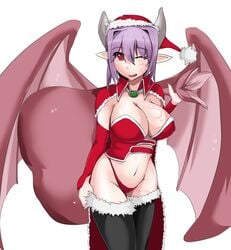 1girls alma_elma bat_wings big_breasts blush christmas_bikini christmas_hat christmas_outfit cleavage clothing female female_only horns long_hair looking_at_viewer luka_(mon-musu_quest!) mon-musu_quest! monster_girl_quest navel orgasm_face panties pointy_ears purple_hair red_eyes ryd short_hair succubus tail_vore tattoo thick_thighs vore wink