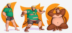 balls bottomwear brown_body brown_fur clothed clothing cowardlion crouching fur genitals hair haplorhine hi_res highlights_(coloring) human light_body light_skin male mammal monkey monkey_boy monkey_feet penis prehensile_feet primate shirt shorts simple_background standing tan_body tan_skin topwear torn_clothing transformation transformation_sequence weight_gain