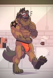 anthro brown_body brown_fur brown_skin coffee_mug drool feet furry hairy jazzwolf male male_only muscular muscular_male nipple_piercing nose_piercing partially_clothed pawpads tagme tail tattooed_arm walking yawning