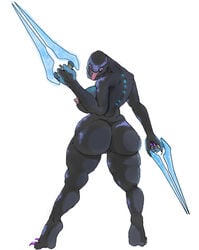 alien ass bbdworks big_breasts big_butt breasts claws digitigrade dual_wielding energy_sword female female_sangheili halo_(series) holding_object holding_weapon huge_breasts huge_butt humanoid looking_at_viewer looking_back mandibles melee_weapon microsoft open_mouth painted_claws purple_eyes sangheili sangussy simple_background slightly_chubby solo sword thick_thighs tongue tongue_out video_games weapon white_background wide_hips xbox_game_studios