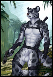 2021 abs animal_genitalia anthro balls clockhands detailed_background felid fully_sheathed genitals gun handgun hi_res jungle male mammal mostly_nude navel pantherine pistol ranged_weapon sheath snow_leopard solo standing weapon