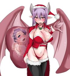 alma_elma bat_wings big_breasts blush christmas_bikini christmas_hat christmas_outfit cleavage clothing female horns inside_view long_hair looking_at_viewer luka_(mon-musu_quest!) male mon-musu_quest! monster_girl_quest navel orgasm_face panties pointy_ears purple_hair red_eyes ryd short_hair stockings succubus tail_vore tattoo thick_thighs vore wet wink x-ray