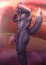 absurd_res animal_humanoid anthro ass balls beach big_penis canid canine canis erazorrazor flaccid foreskin fur genitals hi_res humanoid humanoid_genitalia humanoid_penis looking_at_viewer male mammal mammal_humanoid muscular muscular_anthro muscular_male nipples nude open_mouth outside penis sand seaside shocked sky solo sunset uncut water