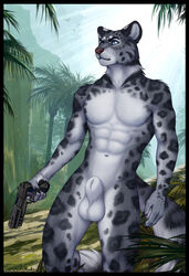 2021 abs animal_genitalia anthro balls clockhands detailed_background felid fully_sheathed genitals gun handgun hi_res jungle male mammal navel nude pantherine pistol ranged_weapon sheath snow_leopard solo standing weapon