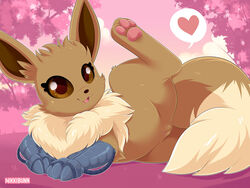 brown_body brown_fur bush_(disambiguation) eevee female feral fur furry furry_only genitals heart hi_res mechanical_arm nikkibunn nintendo pawpads paws pink_background pink_pawpads plant pokémon_(species) pokemon pussy raised_leg simple_background sky solo tail tree video_games