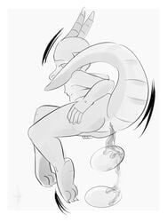 anthro ass breasts digital_drawing_(artwork) digital_media_(artwork) dragon egg egg_in_ass egg_laying female flat_chested hi_res horn kadeki kobold looking_back monochrome nipples nude reptile scales scalie simple_background sitting solo tail