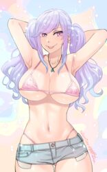 :p armpits arms_behind_head arms_up bare_shoulders belly belly_button big_breasts bikini bikini_top breasts collarbone eyebrows eyebrows_visible_through_hair eyelashes female female_focus female_only jean_shorts large_breasts looking_at_viewer micro_bikini micro_bikini_top micro_shorts navel necklace original original_character pink_bikini pink_bikini_bottom pink_bikini_top ponytails purple_hair shorts solo solo_female solo_focus standing stomach tongue tongue_out twintails yumyy_iura