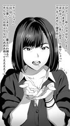 bangs blush cardigan cum cum_in_mouth female greyscale highres looking_at_viewer monochrome open_mouth original short_hair solo teeth tongue tongue_out translation_request yukiyoshi_mamizu