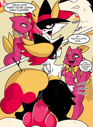 absurd_res anthro black_eyes braixen comic female feral fingering fur genitals group hi_res licking male male/female nintendo oral orange_body orange_fur penile penis penis_lick pink_body pink_fur pokemon pokemon_(species) ponporio_(artist) red_eyes sex sneasel tongue tongue_out typhlosion vaginal_penetration video_games yellow_eyes