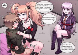 1boy 2girls bra_cups_sticking_out danganronpa english_text female junko_enoshima kirigiri_kyouko mackgee maggea22 male mosaic_censoring multiple_girls naegi_makoto reverse_cowgirl_position reverse_rape straight_hair tagme text