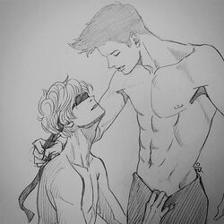 2boys blindfold boys gay kneeling male male_only newt_(the_maze_runner) shirtless sketch the_maze_runner topless