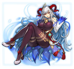 1girls ass bangs bare_shoulders bell black_gloves blue_hair bodystocking border breasts brown_bodysuit chinese_knot commentary cosplay cowbell crossed_legs curled_horns detached_sleeves dress eyebrows_visible_through_hair fire_emblem fire_emblem_heroes freyja_(fire_emblem) full_body ganyu_(genshin_impact) ganyu_(genshin_impact)_(cosplay) genshin_impact gloves goat_horns gold_trim gurimjang hair_between_eyes hand_on_own_chest high_heels highres horns invisible_chair large_breasts long_hair looking_at_viewer multicolored_hair nintendo outline parted_lips red_eyes red_horns sidelocks silver_hair simple_background sitting smile solo two-tone_hair vision_(genshin_impact) white_background white_dress white_footwear white_sleeves