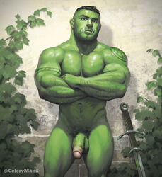 1boy abs biceps blue_eyes celery_man6 circumcised circumcision_scar exposed flaccid male male_only muscular nude orc orc_male outside pecs penis public_nudity solo solo_male stubble tattoo thick_thighs