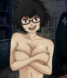 1girls bare_shoulders black_clover black_hair breast_suppress breasts brown_eyes cleavage covered_nipples covering_breasts crazy_eyes excalibur_overdrive female_only glasses large_breasts licking licking_lips looking_at_viewer megane messy_hair naughty_face no_bra open_mouth open_smile pov pov_eye_contact red_eyes sally_(black_clover) seductive short_hair smile solo tongue_out topless