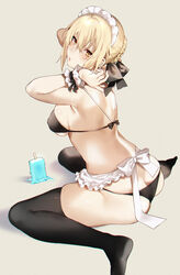 1girls apron armpit_crease arms_up artoria_pendragon artoria_pendragon_(alter) artoria_pendragon_(swimsuit_rider_alter) ass bangs bare_shoulders bikini black_bikini black_legwear black_ribbon blonde_hair blush braid breasts choker fate/grand_order fate_(series) female female_only food french_braid frilled_bikini frilled_choker frills hair_ribbon highres iriehana long_hair looking_at_viewer looking_back maid_apron maid_bikini maid_headdress medium_breasts no_shoes popsicle ribbon short_hair simple_background sitting skindentation solo solo_female string_bikini swimsuit thighhighs thighs waist_apron wariza wrist_cuffs yellow_eyes