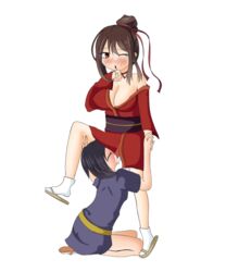 2girls big_breasts blue_hair blush brown_hair eating_out female female/female female_only kagura_games kimono kunoichi kunoichi_botan multiple_girls ninja red_eyes sandals small_breasts socks yasuzu yukata yuri