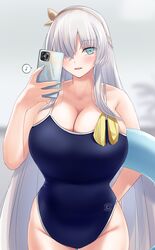 1girls anastasia_(fate) blue_eyes blue_swimsuit fate/grand_order fate_(series) gachou hair_ornament hair_over_one_eye innertube long_hair one-piece_swimsuit selfie smile white_hair