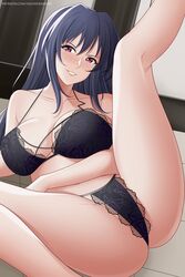 1girls akeno_himejima aslindsamure black_lingerie breasts cartoony cleavage demon female female_only floral_print high_school_dxd humanoid indigo_hair leg_lift legs_up lingerie long_hair looking_at_viewer purple_eyes sitting smile smiling