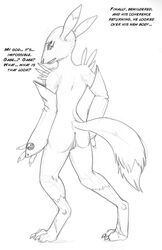 3_fingers anthro arania armwear ass bridal_gauntlets canid claws clothing dialogue digimon digimon_(species) english_text female fingers fur genitals hi_res looking_back mammal mostly_nude pussy rear_view renamon solo text torn_clothing