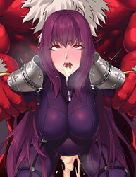 arms_held_back bodysuit cum_in_mouth cum_inside eyes_rolling_back fate/grand_order fate_(series) hikichi_sakuya inflation large_breasts oni overflow purple_hair red_eyes red_skin scathach_(fate) shoulder_pads skin_tight solo_focus thick_thighs