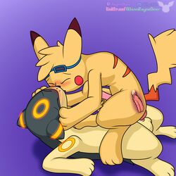 absurd_res albinoraynedeer anal anal_sex balls blush bodily_fluids closed_eyes cum cum_in_ass cum_inside duo eeveelution eyewear feral genital_fluids genitals goggles hi_res kissing knot lying making_out male male/male nintendo on_back penetration penis pikachu pokémon_(species) pokemon pokemon_(species) power_bottom quilava quilbreon riding sparky_the_chu_(character) syngie_(artist) umbreon video_games x-ray