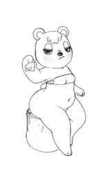 2020 animal_crossing anthro ass belly big_butt blush bottomless bra clothed clothing condom digital_media_(artwork) eyelashes female fingers fur hair inkoart looking_at_viewer makeup mammal nintendo partially_clothed plant sexual_barrier_device simple_background sitting slightly_chubby solo tammy_(animal_crossing) thick_thighs tree underwear ursid video_games white_background