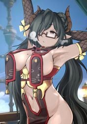 1girls beauty_mark bells black_hair breath chinese_clothes ciel_ushi detached_sleeves draph draph_race_(granblue_fantasy) elf_ears female glasses granblue_fantasy horns huge_breasts pointy_ears pupi rain_prophet red_eyes red_highlights steamy_breath stretching white_skin