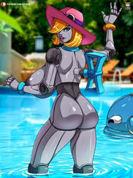 1girls android ass big_breasts blue_eyes innertube kyoffie league_of_legends looking_back nude nude_female orianna parts_exposed pool pool_party_orianna pool_party_series robot robot_joints swimming_pool swimsuit water winding_key yellow_hair