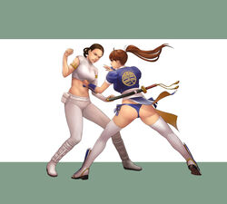 2girls ass attack_of_the_clones auburn_hair boots brown_hair catfight cirenk clothed crossover dead_or_alive eastern_and_western_character female female_only fight fighting kasumi_(doa) midriff padme_amidala panties ponytail punch red_hair sandals star_wars sword thighhighs torn_clothes voluptuous weird_crossover