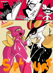 absurd_res animal_genitalia animal_penis anthro braixen canine_penis clothing comic dialogue female feral fur genitals group hat headgear headwear hi_res magic_user male male/female mostly_nude nintendo orange_body orange_fur penis pink_body pink_fur pokemon pokemon_(species) ponporio_(artist) red_eyes scarf scarf_only sneasel typhlosion video_games witch witch_hat yellow_eyes