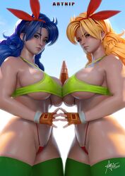 2girls artnip bad_launch clothes dragon_ball female female_only good_launch huge_breasts launch looking_at_viewer lunch_(dragon_ball) multiple_girls shounen_jump symmetrical_docking thighhighs