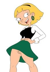 2021 blonde_hair chipposter clothed clothing cuff_links earrings eyelashes female female_focus female_only going_commando hands_on_hips hey_arnold! human nickelodeon no_panties olga_pataki pussy simple_background skirt smile solo solo_female solo_focus vagina white_background