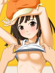 armpits arms_up bakemonogatari blush breasts brown_eyes brown_hair cabbie_hat hat ito_hajime monogatari_(series) no_bra sengoku_nadeko shirt_lift short_hair underboob