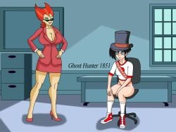 1boy 1girls androgynous bare_thighs blue_eyes bottomless business_attire business_suit business_woman commentary commentary_request danny_fenton danny_phantom female ghosthunter1851(artist) green_eyes hand_on_hip heels high_heels huge_breasts knee_socks kneehighs kneesocks large_ass large_breasts looking_over_eyewear looking_over_glasses looking_over_sunglasses male milf office_chair office_lady older_female penelope_spectra red_hair red_suit short_hair sitting sitting_on_chair sneakers socks sunglasses sunglasses_on_face thick_ass thick_hips thong thong_panties tinted_eyewear top_hat trap white_socks wide_hips young younger_male