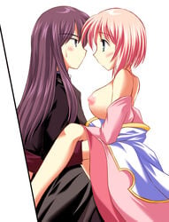 blush breasts estellise_sidos_heurassein long_hair nipples pink_hair short_hair sweat tales_of_(series) tales_of_vesperia yuri_lowell