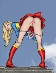 1girls ass bent_over blonde_hair dc dc_comics female kryptonian logo_panties long_hair panties panties_down print_panties pussy supergirl supergirl_panties superheroine superman_(series) tagme ultrafem upskirt vagina